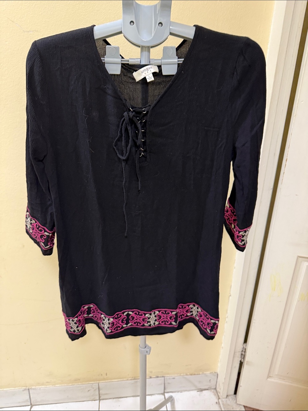 Umgee Black Lace-Up Tunic with Pink Embroidered Trim